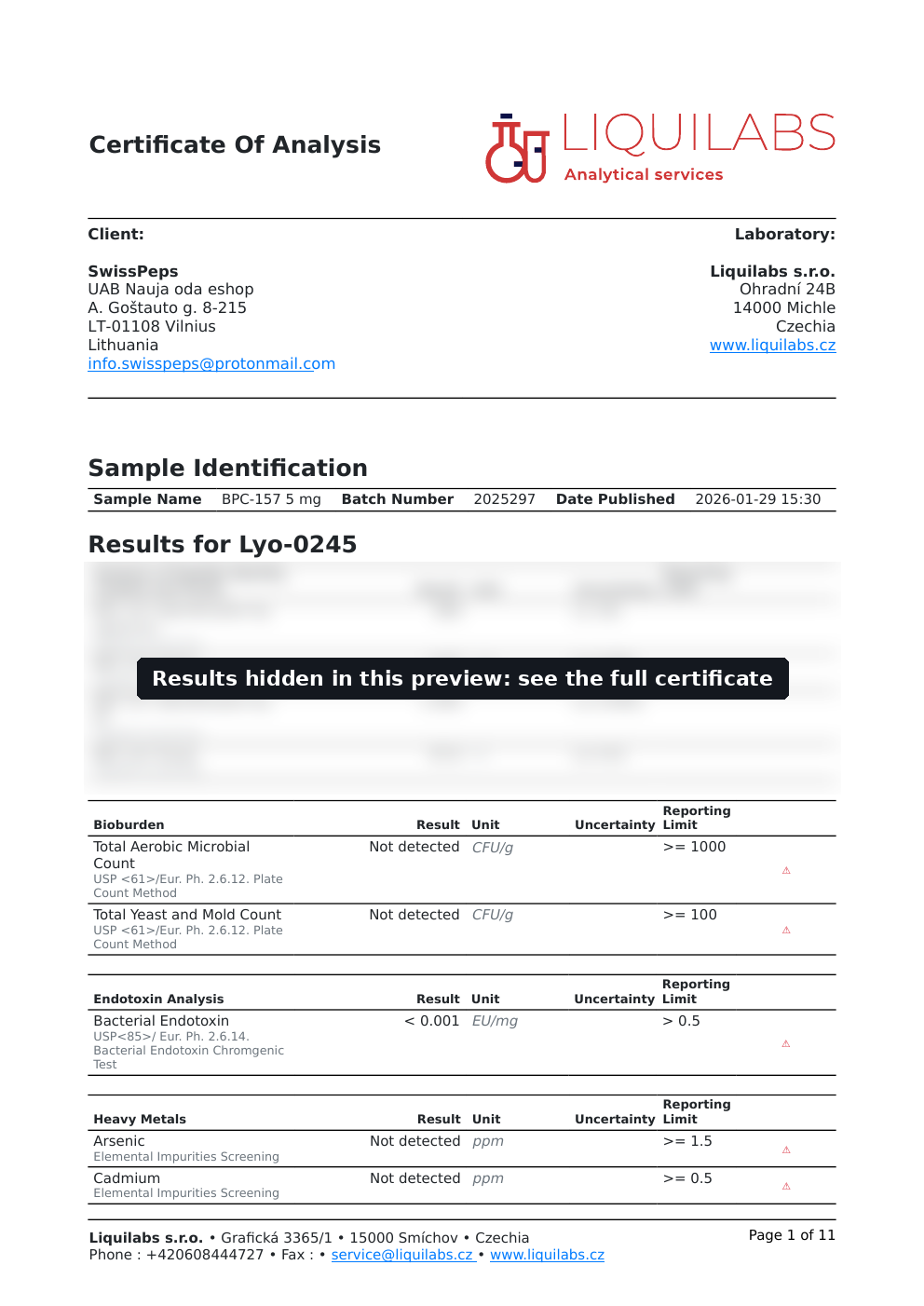 First page of the Certificate of Analysis for BPC-157, lot 2025297, issued by Liquilabs s.r.o. The results table is hidden in this preview.